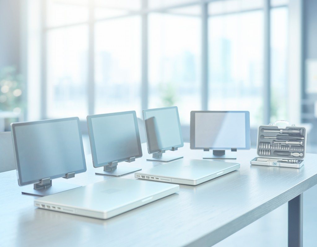 Aufgeräumter Büroschreibtisch mit Laptops und Tablets